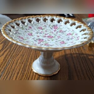 Porcelain Pink Rose Pedestal Dish with Gold Trim